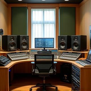 Innvendig bilde av LydStudios kontrollrom med moderne lydutstyr.